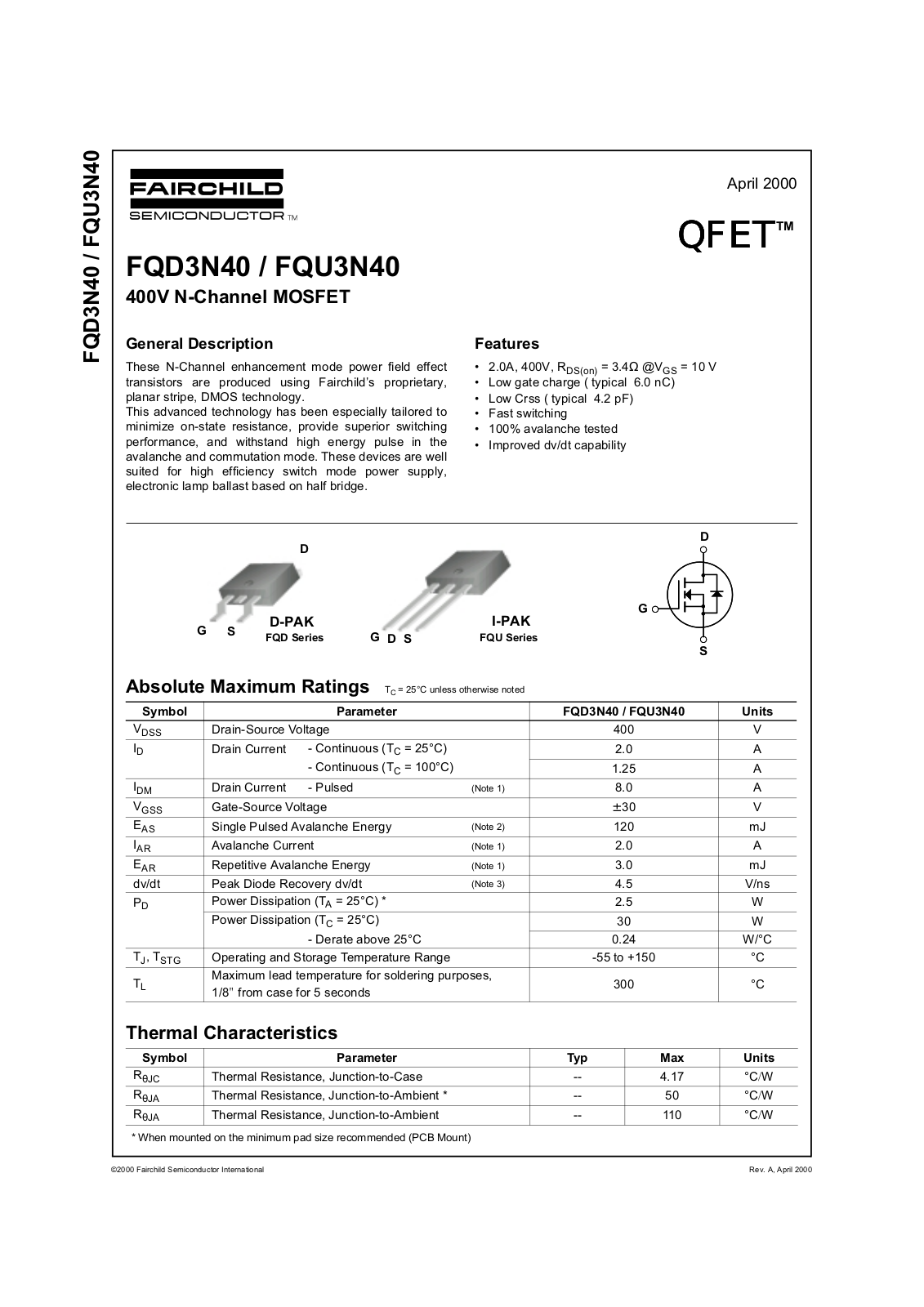 Fairchild Semiconductor FQU3N40, FQD3N40 Datasheet