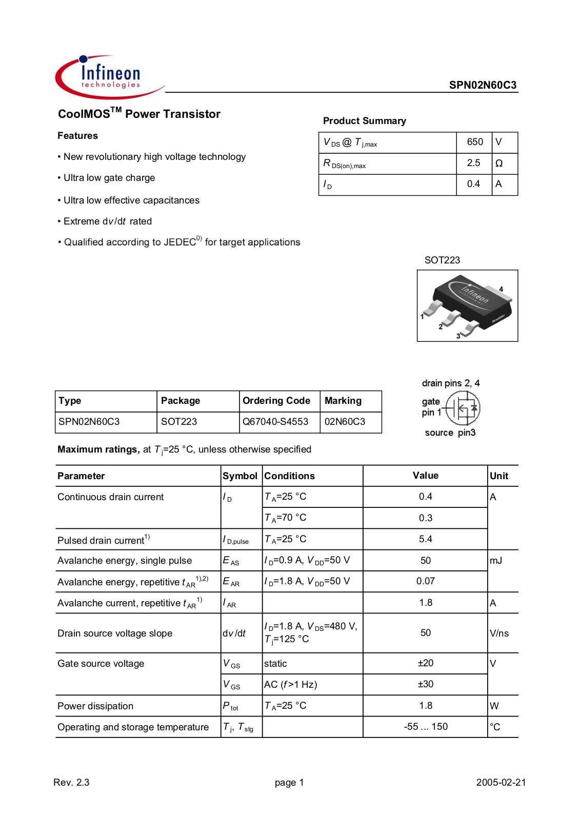 INFINEON SPN02N60C3 User Manual