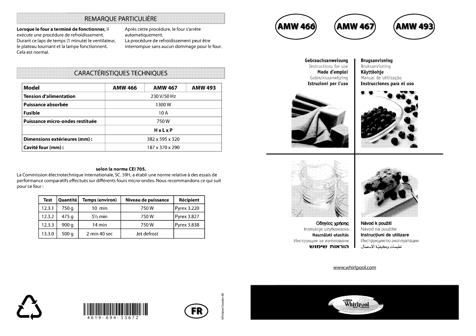 WHIRLPOOL AMW493 User Manual