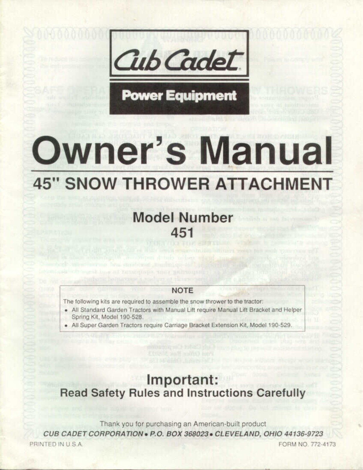 Cub Cadet 451 User Manual