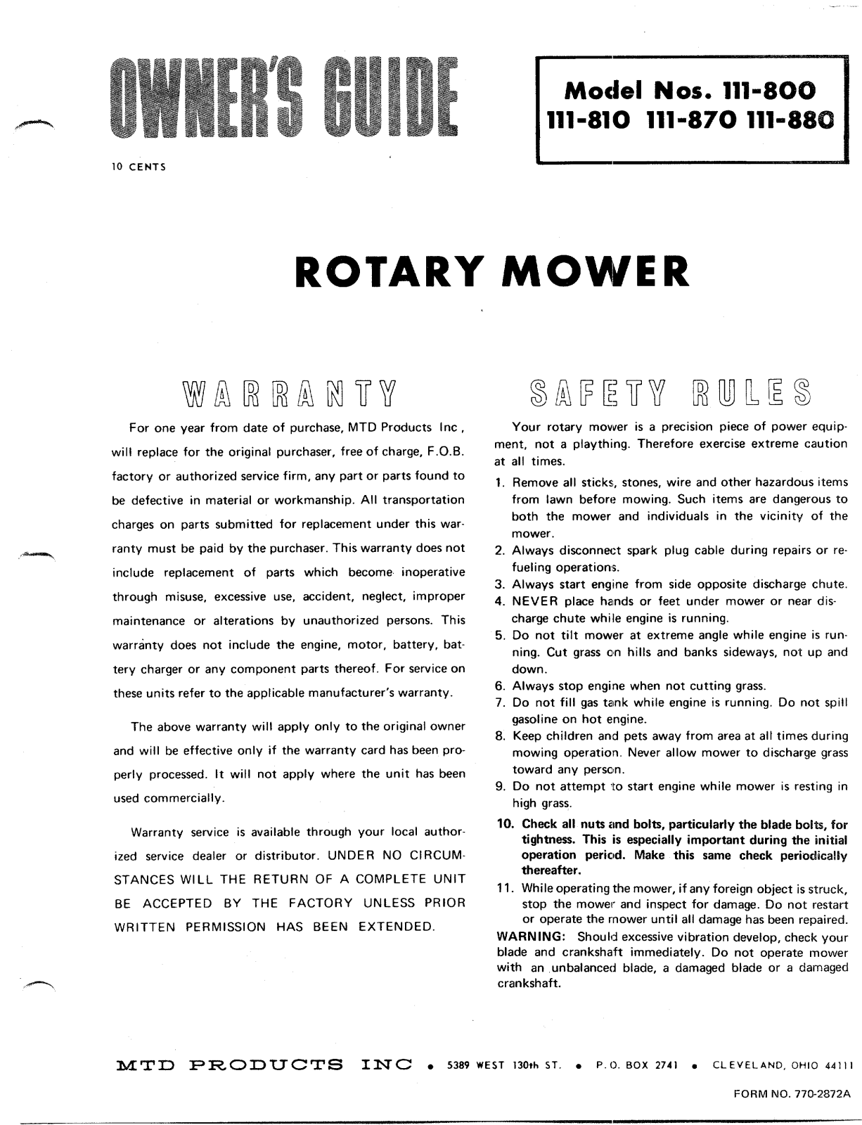 MTD 111-870, 111-800, 111-810 User Manual