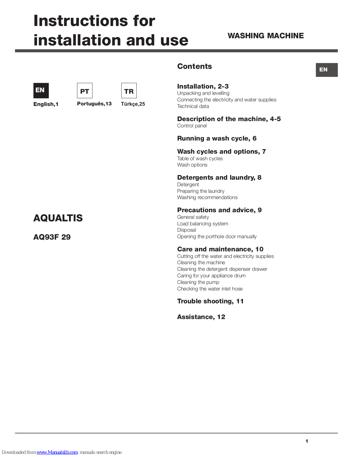 Hotpoint AQ93F 29 Instructions For Installation And Use Manual