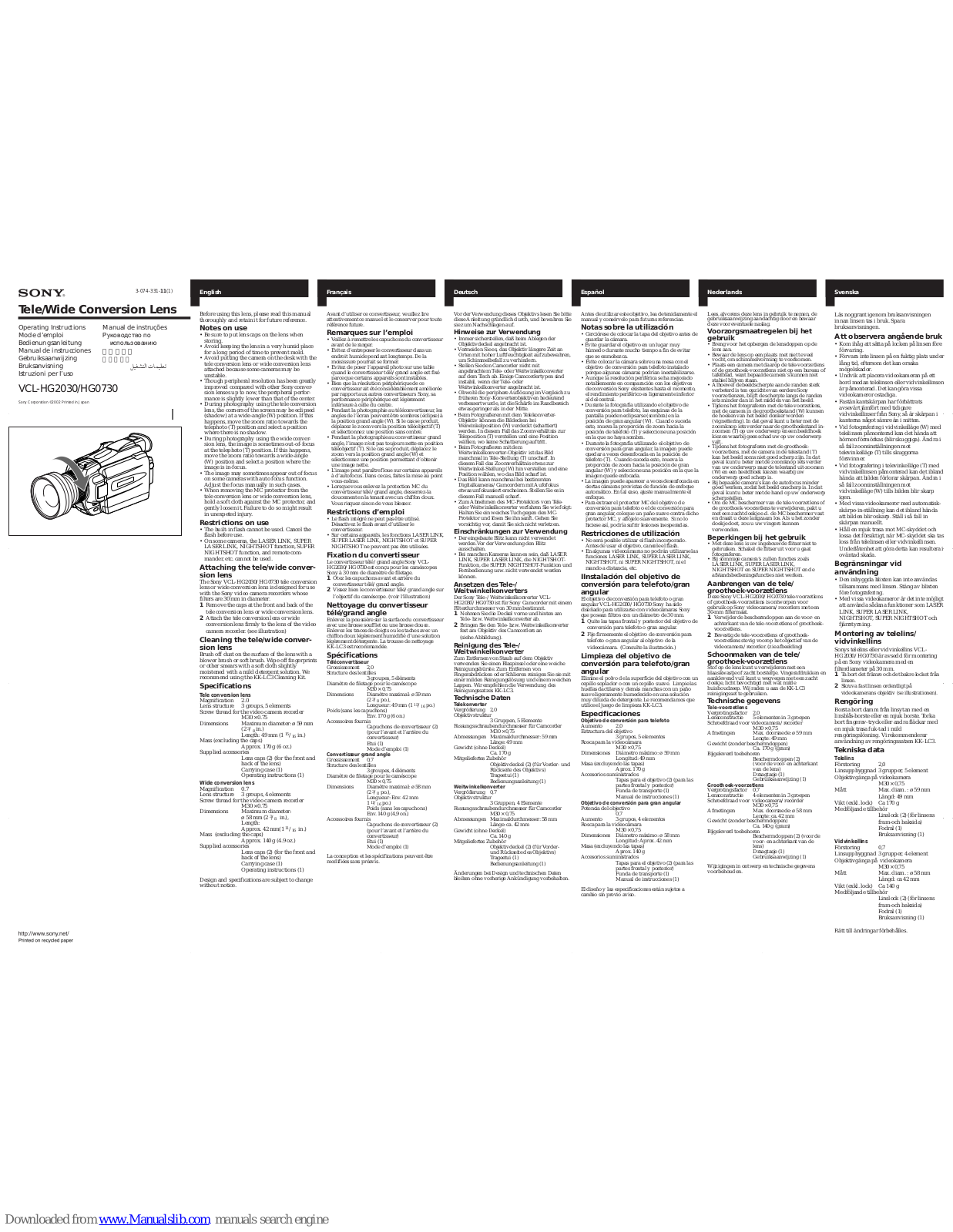 Sony VCL-HG2030/HG0730, VCL-HG2030, VCL-HG0730 Operating Instructions Manual