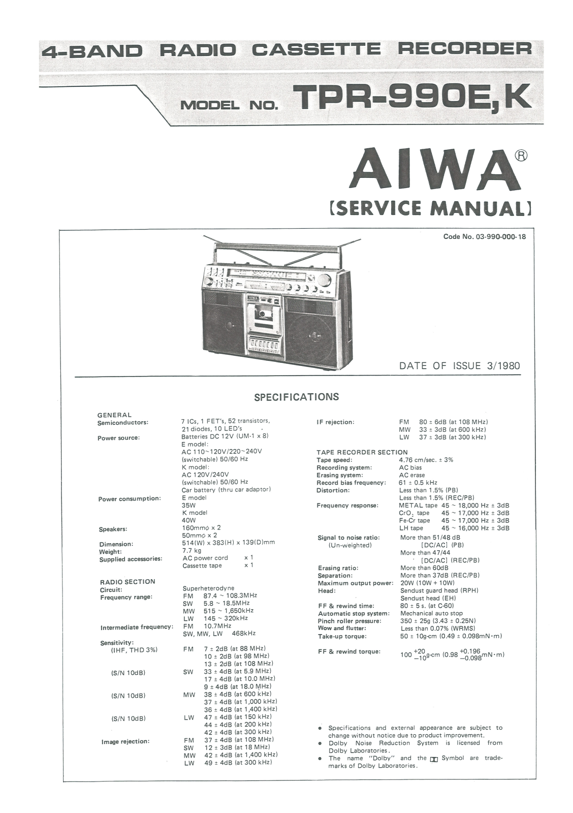 Aiwa TPR990E, TPR990K Service Manual