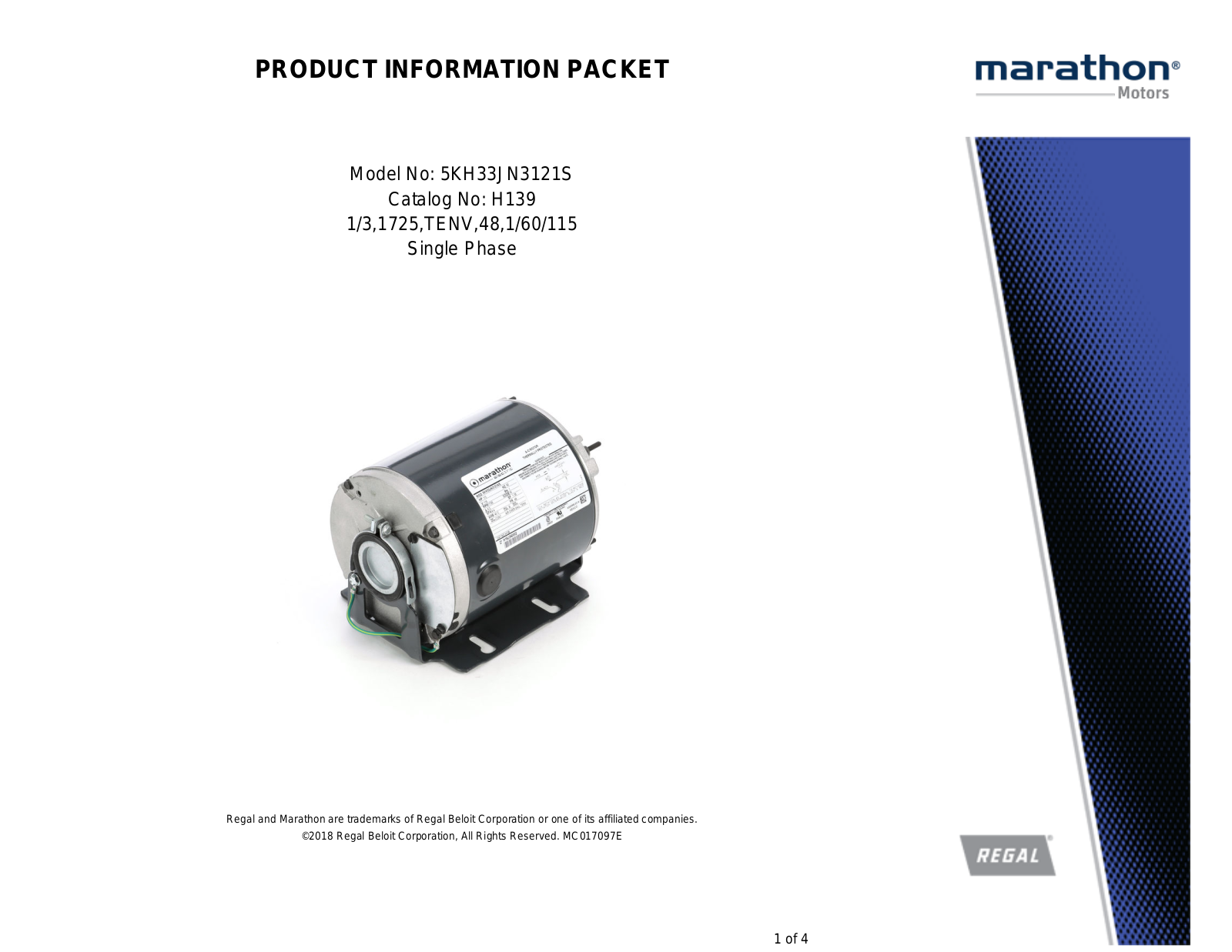 Marathon Electric 5KH33JN3121S Product Information Packet