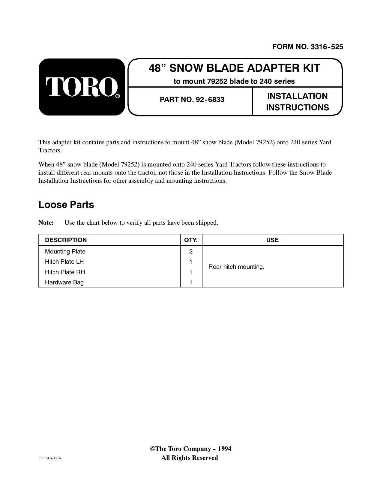 Toro 92-6833 Installation Instructions