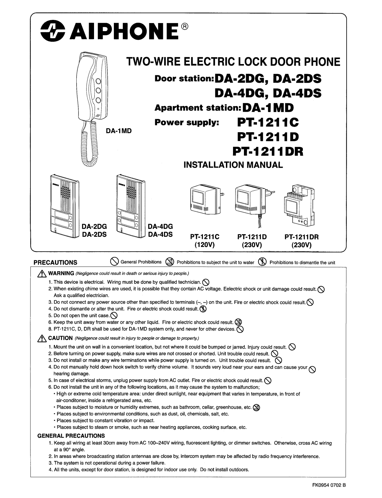 Aiphone DA INSTALLATION INSTRUCTIONS