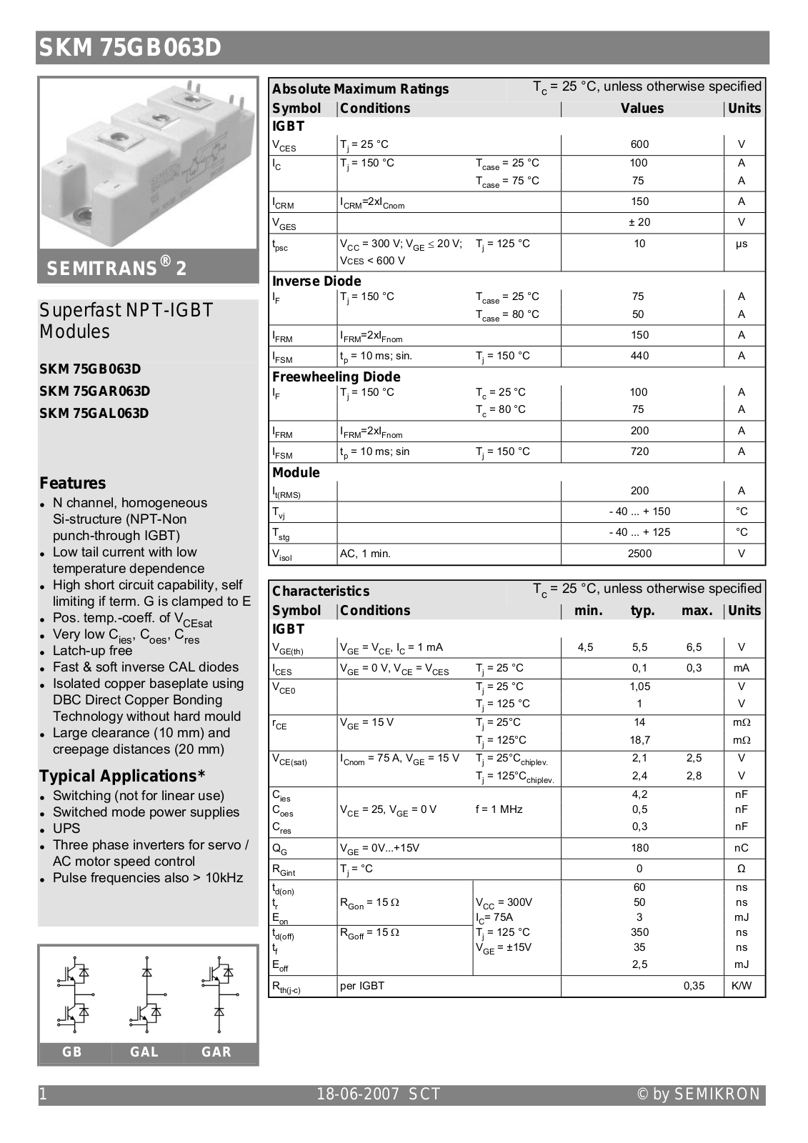 Semikron SKM75GAR063D Data Sheet