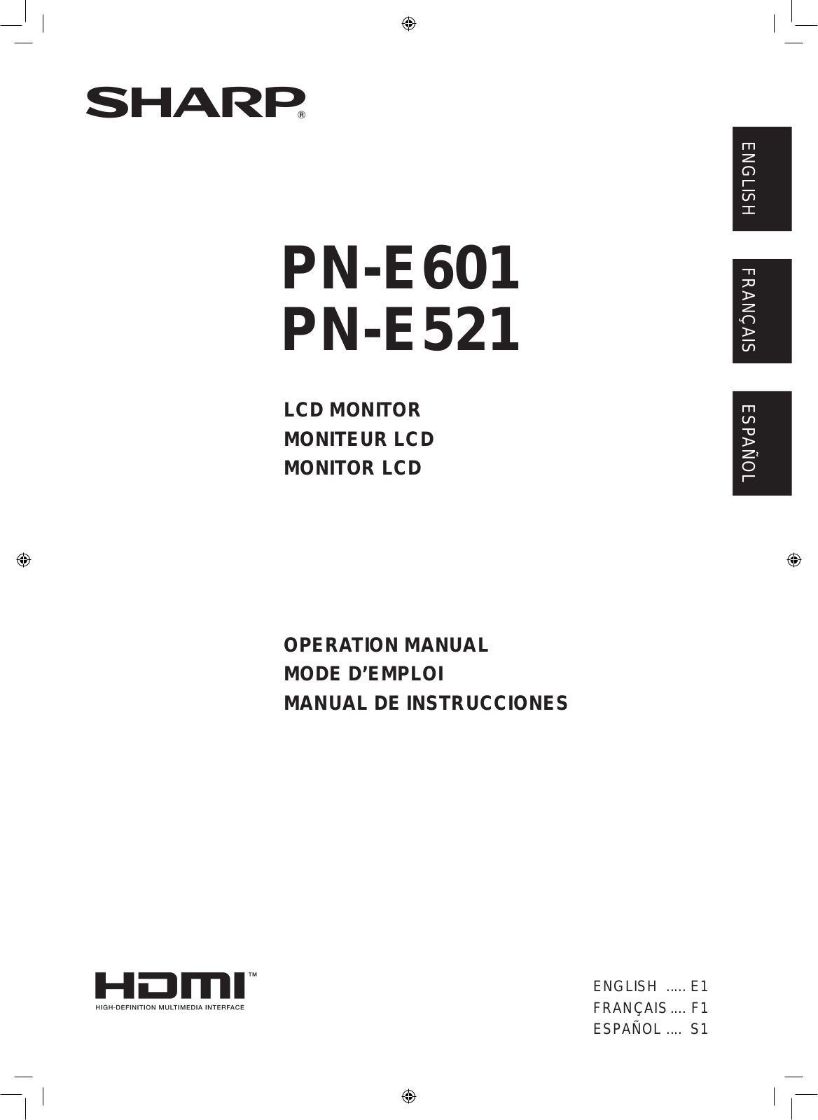 Sharp PN-E521, TINSE1145MPZZ-1, PNE601P, PNE601 User Manual