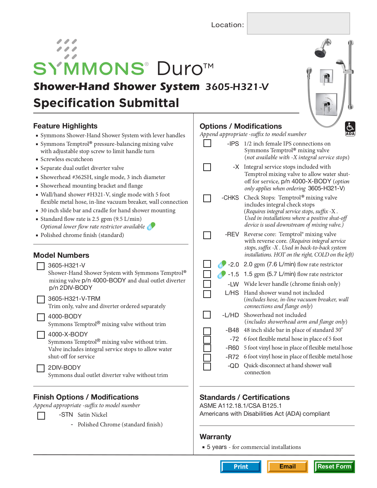 Symmons 3605-H321-V User Manual