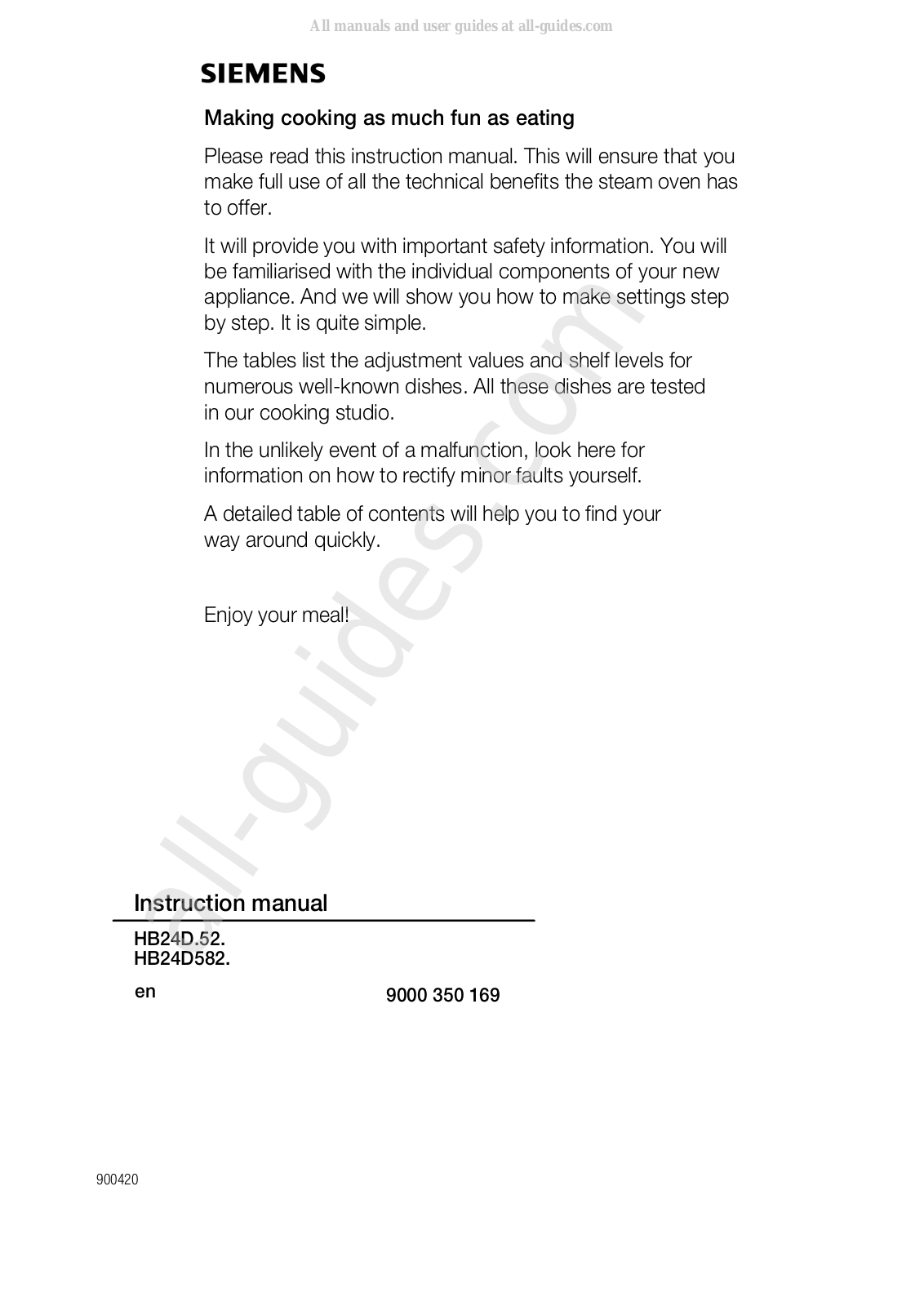 Siemens HB24D 52 Series,HB24D582 Series Instruction Manual