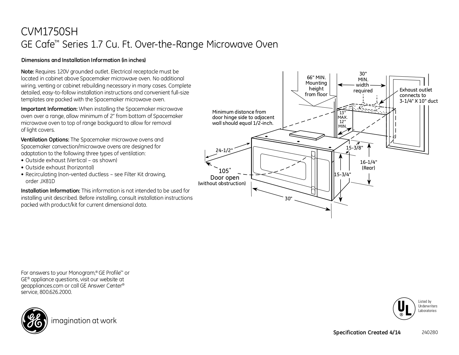 GE CVM1750SHSS Specification Sheet