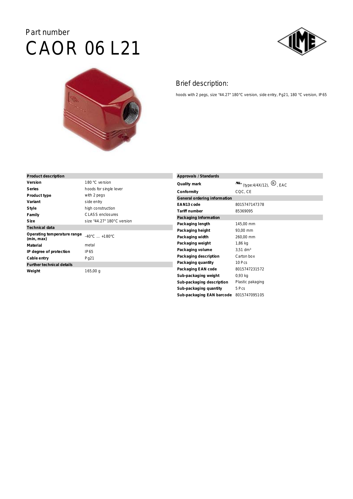 Datasheet CAOR-06L21 Datasheet (ILME) - ManualMachine.com