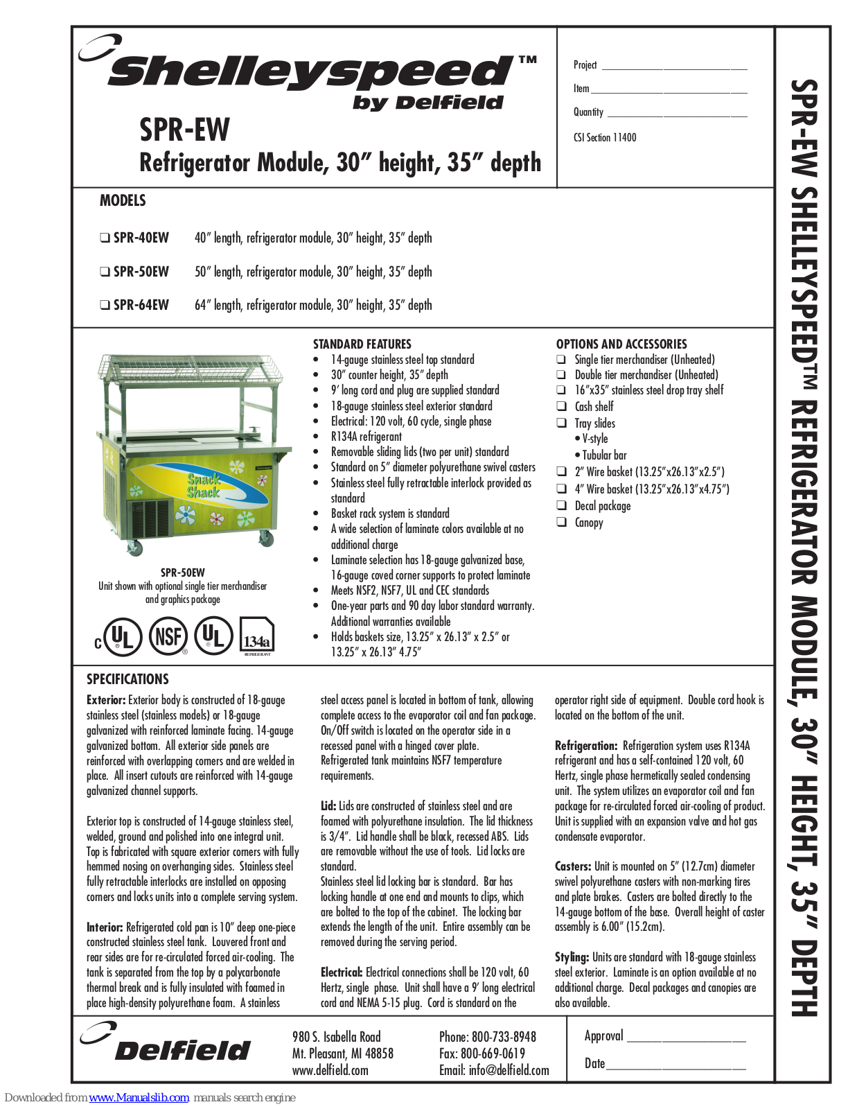 Delfield Shelleyspeed SPR-40EW, Shelleyspeed SPR-50EW, Shelleyspeed SPR-64EW Specifications