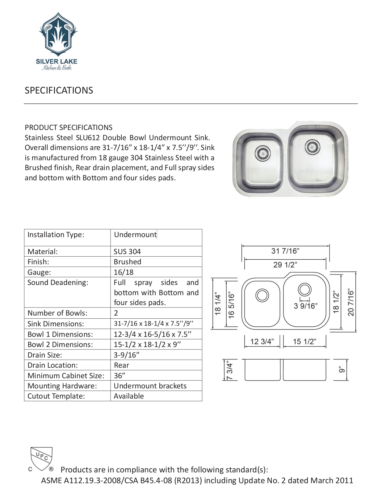 Silver Lake Kitchen and Bath SLKB1007 Specifications - ManualMachine.com