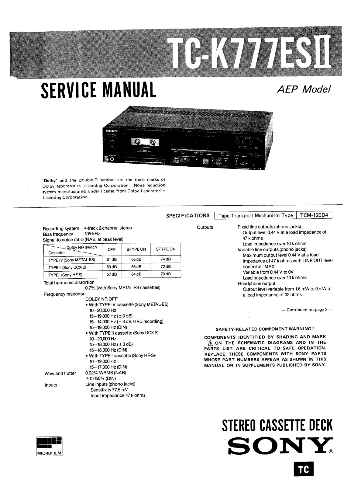 Sony TCK-777-ES Mk2 Service manual