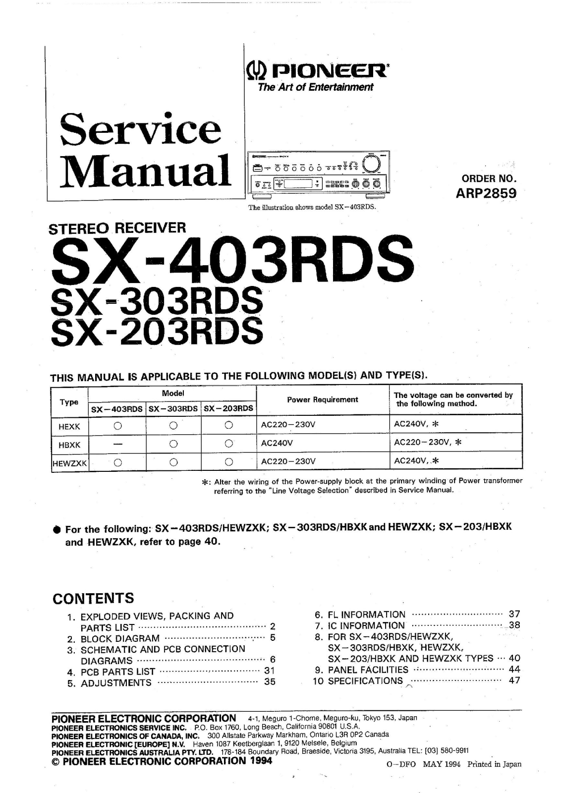 Pioneer SX-203-RDS, SX-303-RDS, SX-403-RDS Service manual