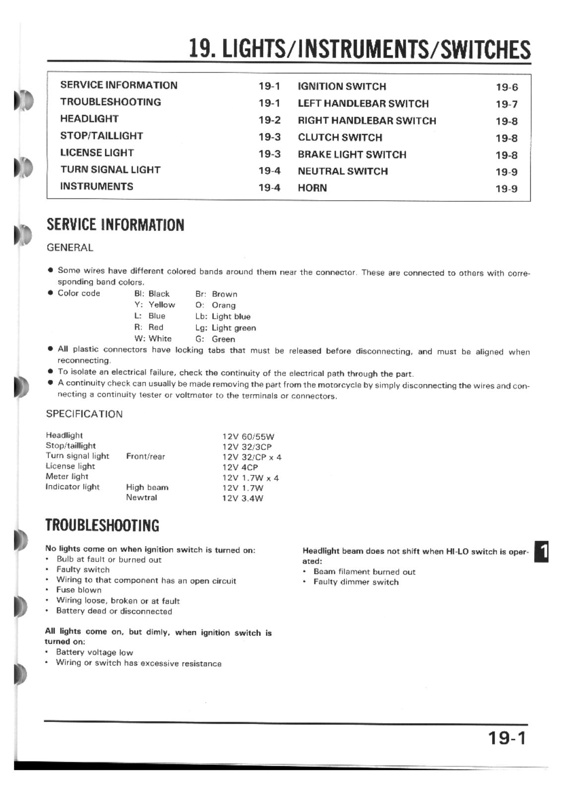 Honda 650 88-89, NX 650 88-89 Service Manual S Section 19 Lights Instruments Switches