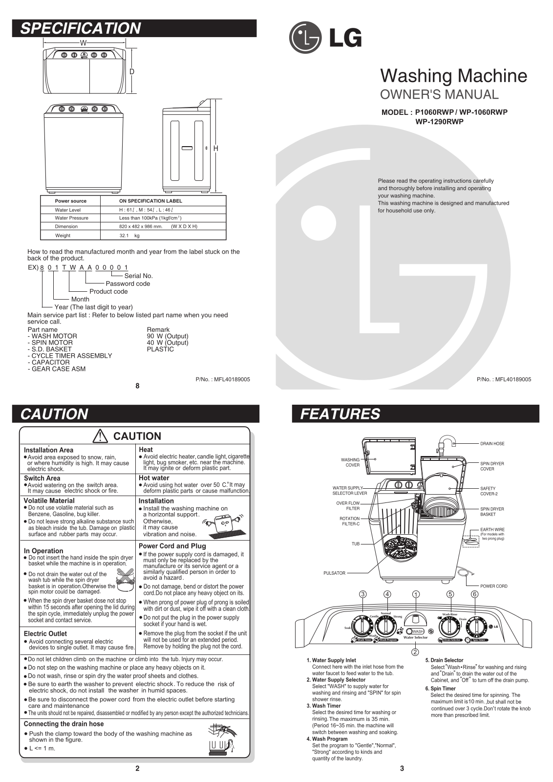 LG WP-1290RWP Owner's Manual