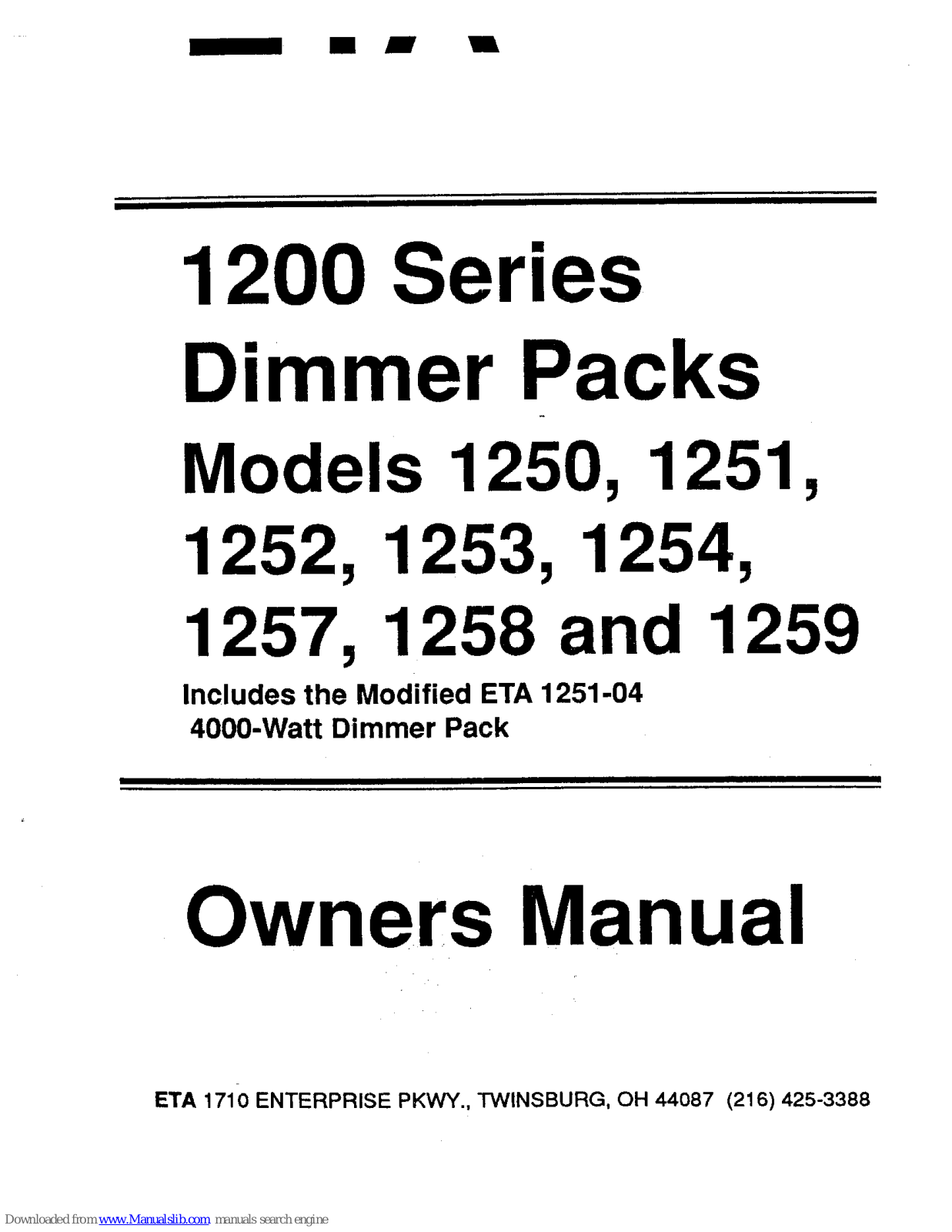 ETA Systems 1250, 1251, 1253, 1252, 1254 Owner's Manual