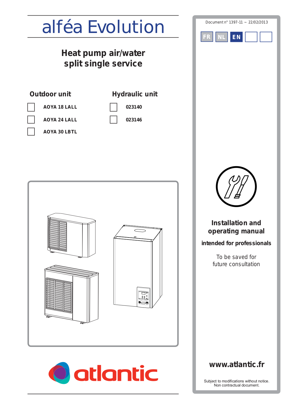 Atlantic AOYA 18 LALL, AOYA 24 LALL, AOYA 30 LBTL, 023140, 023146 Installation And Operating Manual