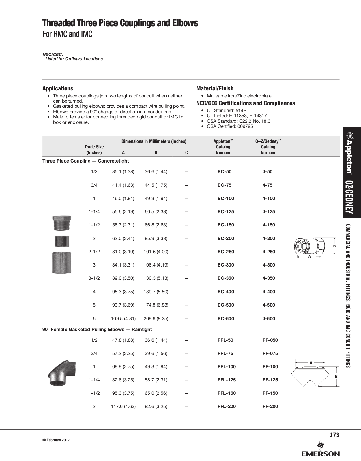 Appleton Threaded Three Piece Couplings and Elbows Catalog Page