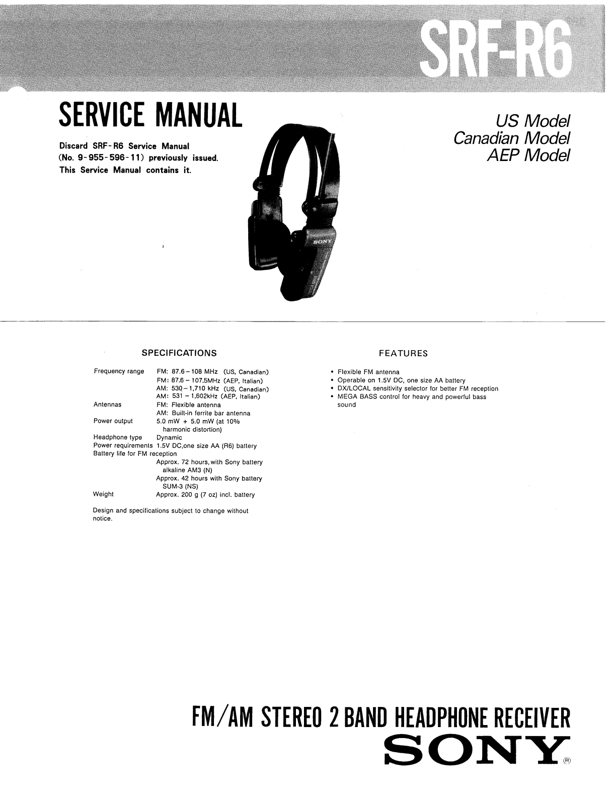 Sony SRFR-6 Service manual