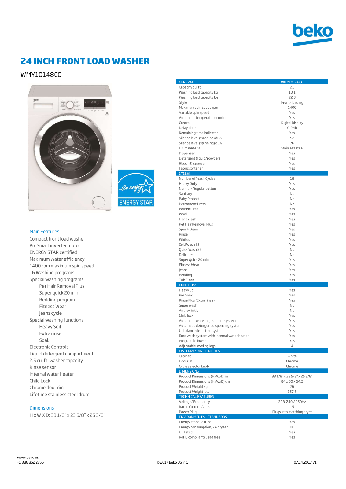 Beko WMY10148C0 Specification