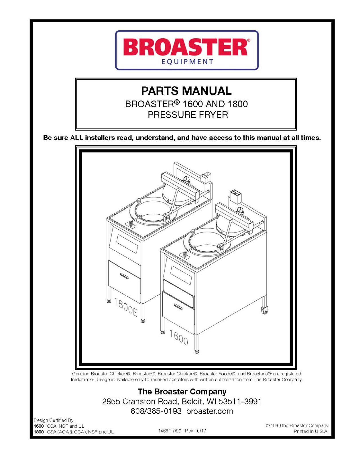 Broaster 1800 Parts List