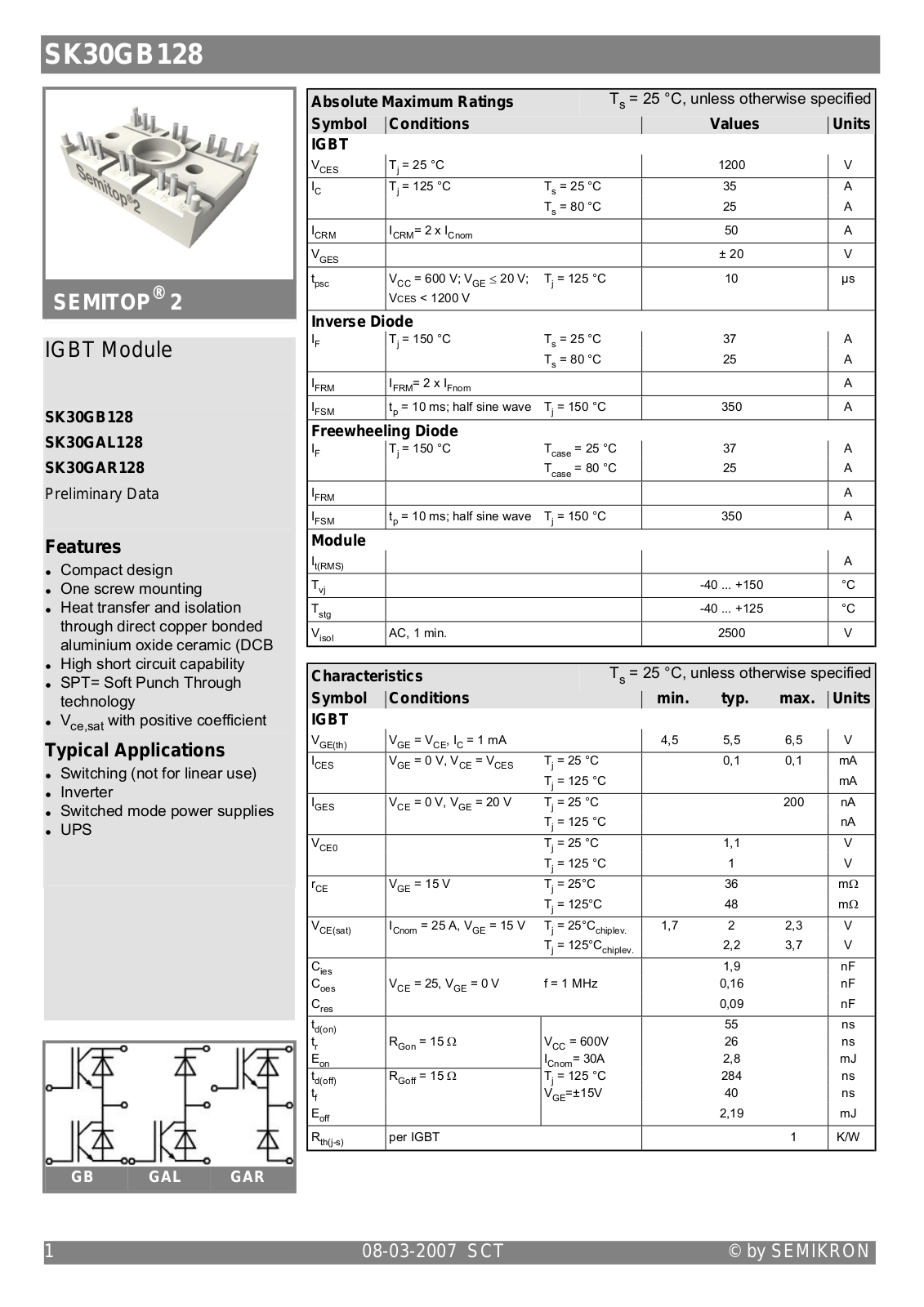 Semikron SK30GB128 Data Sheet