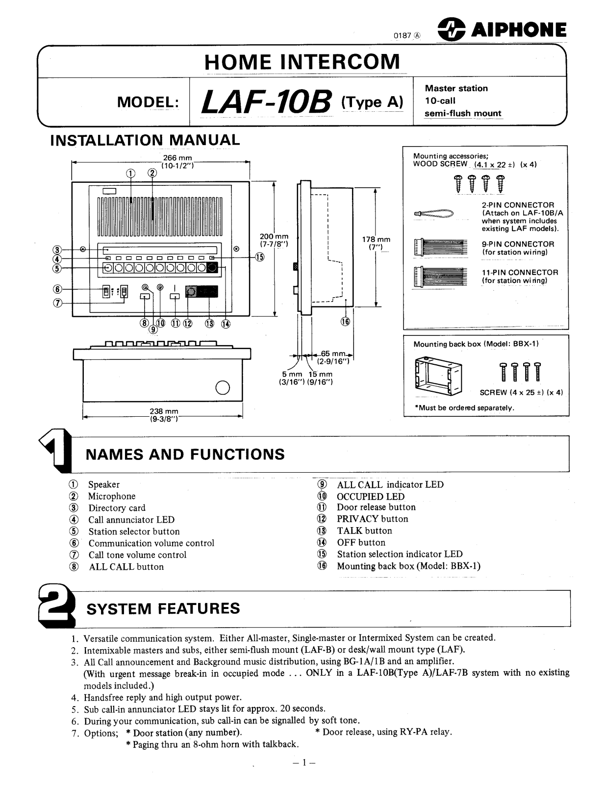 Aiphone LAF-10B-A INSTALLATION INSTRUCTIONS