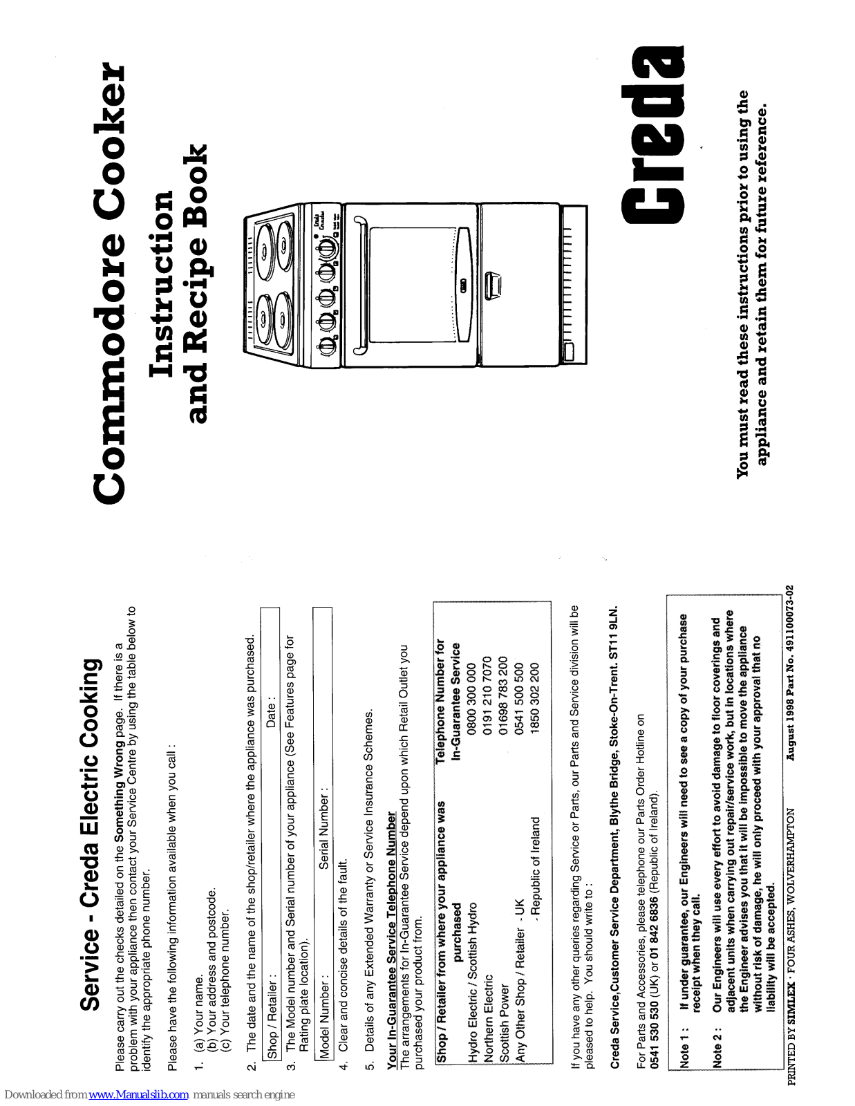 Creda HB49119, Commodore 49119 Instruction And Recipe Book