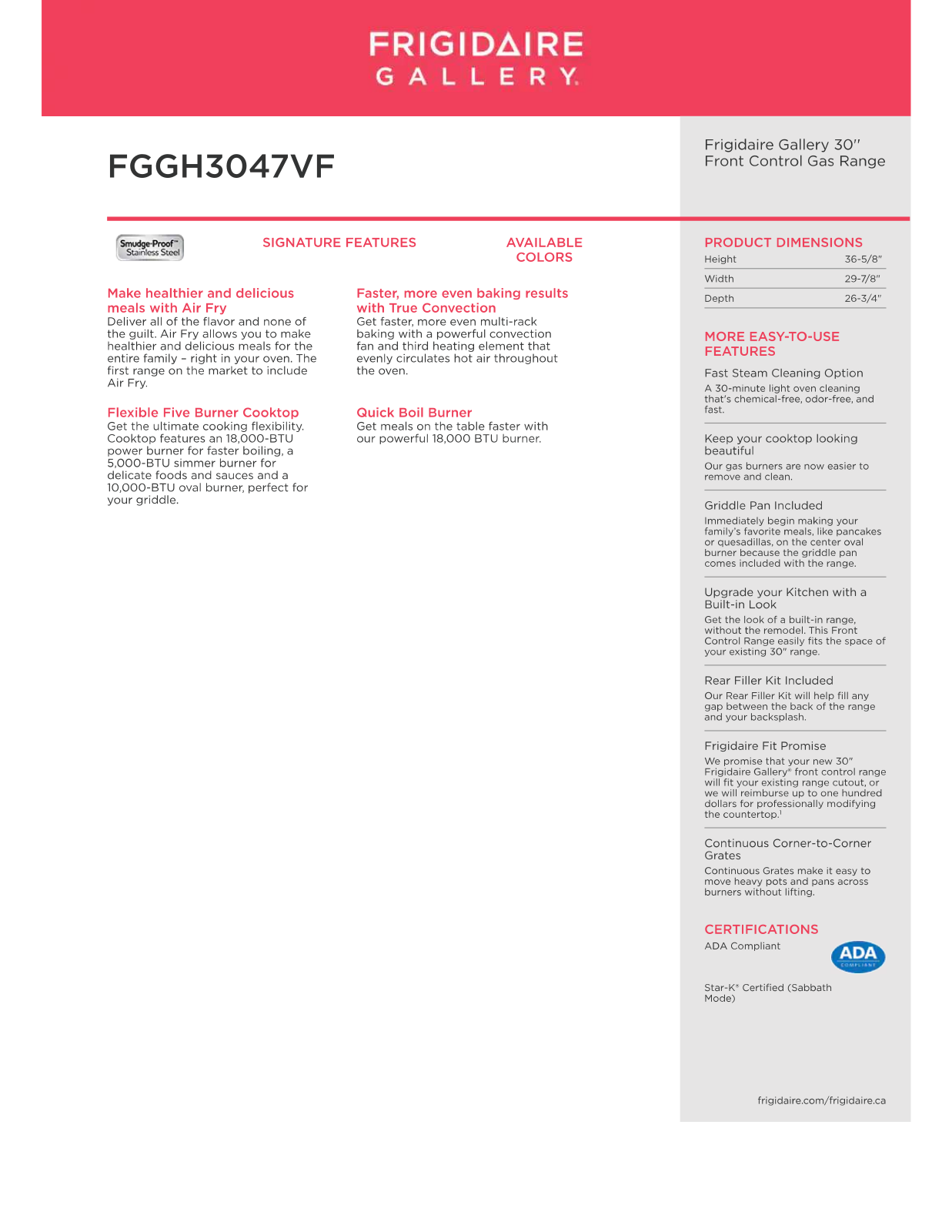 Frigidaire FGGH3047VF PRODUCT SPECIFICATIONS