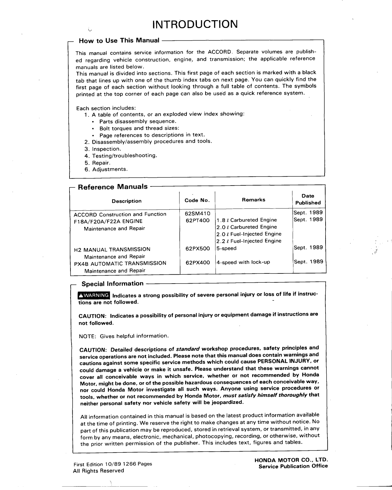 Honda Accord 1989 1991 User Manual