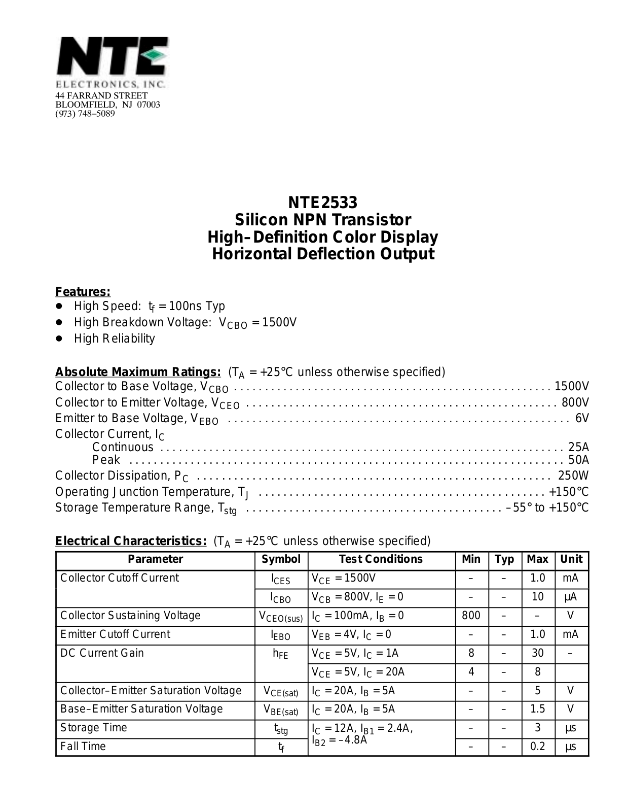 Datasheet NTE2533 Datasheet (NTE) - ManualMachine.com