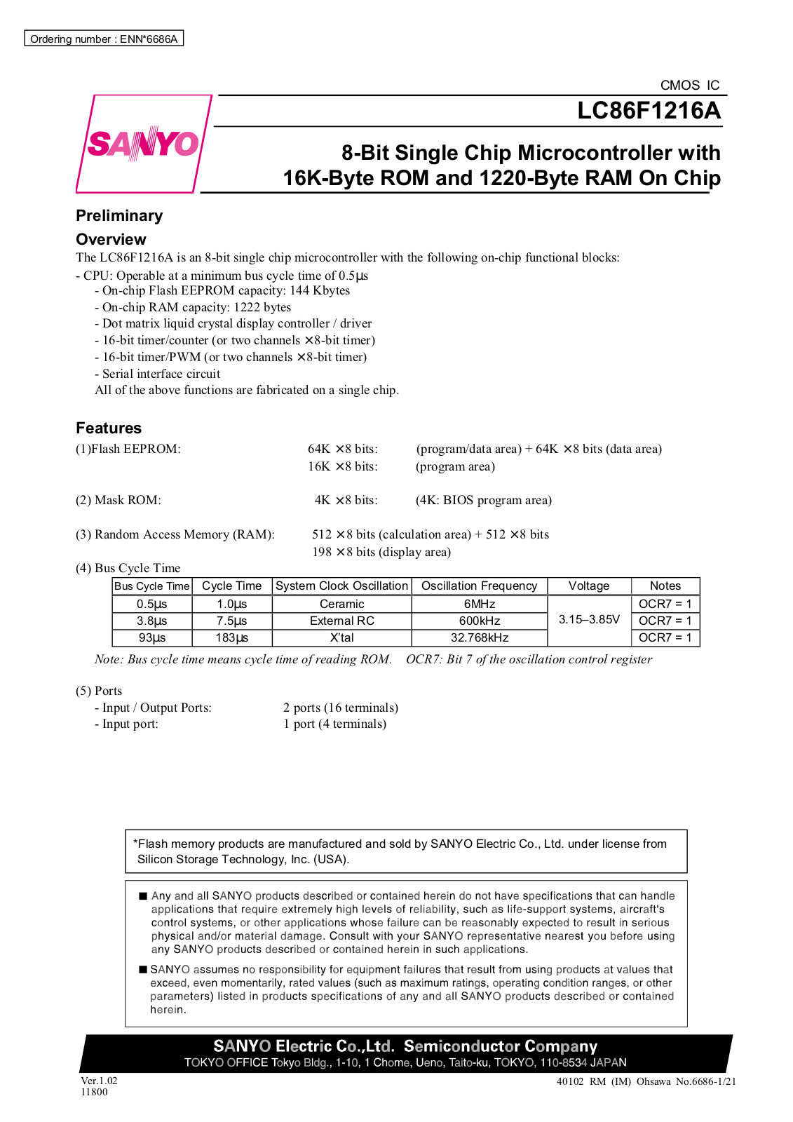 SANYO LC86F1216A Datasheet