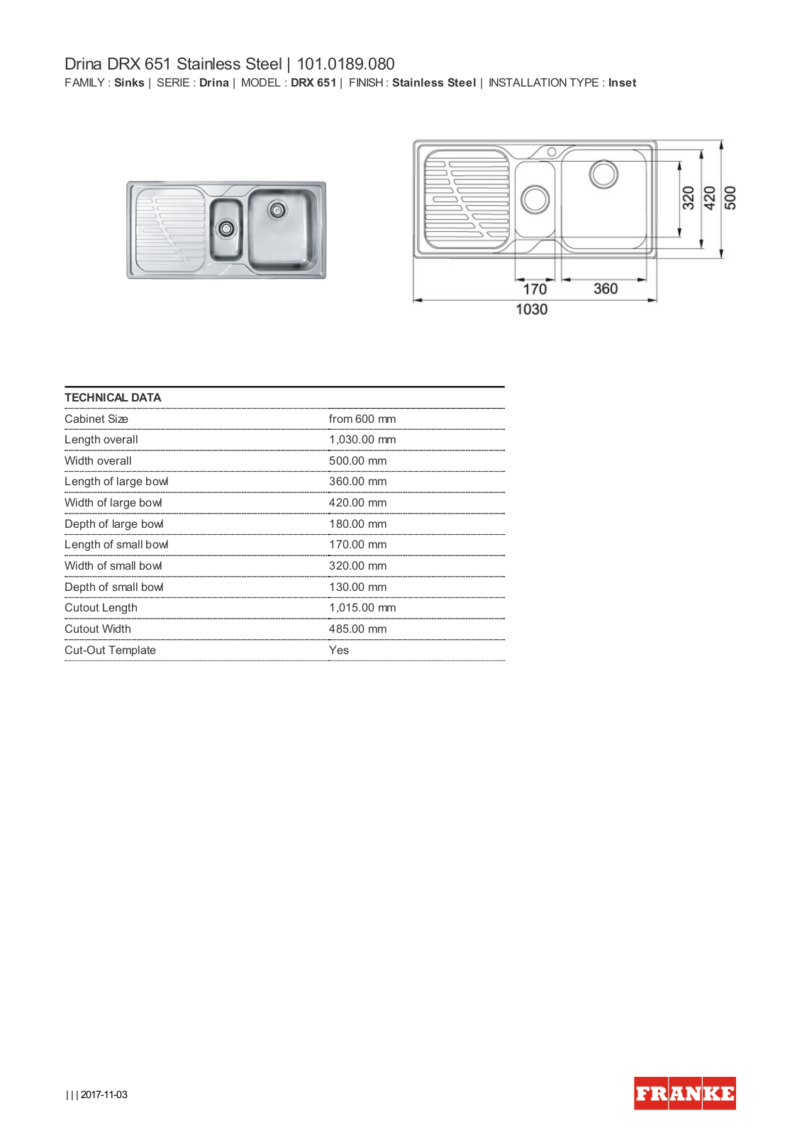 Franke DRX651LHDPACK, DRX651RHDPACK, DRX651LHD, DRX651RHD Specifications Sheet