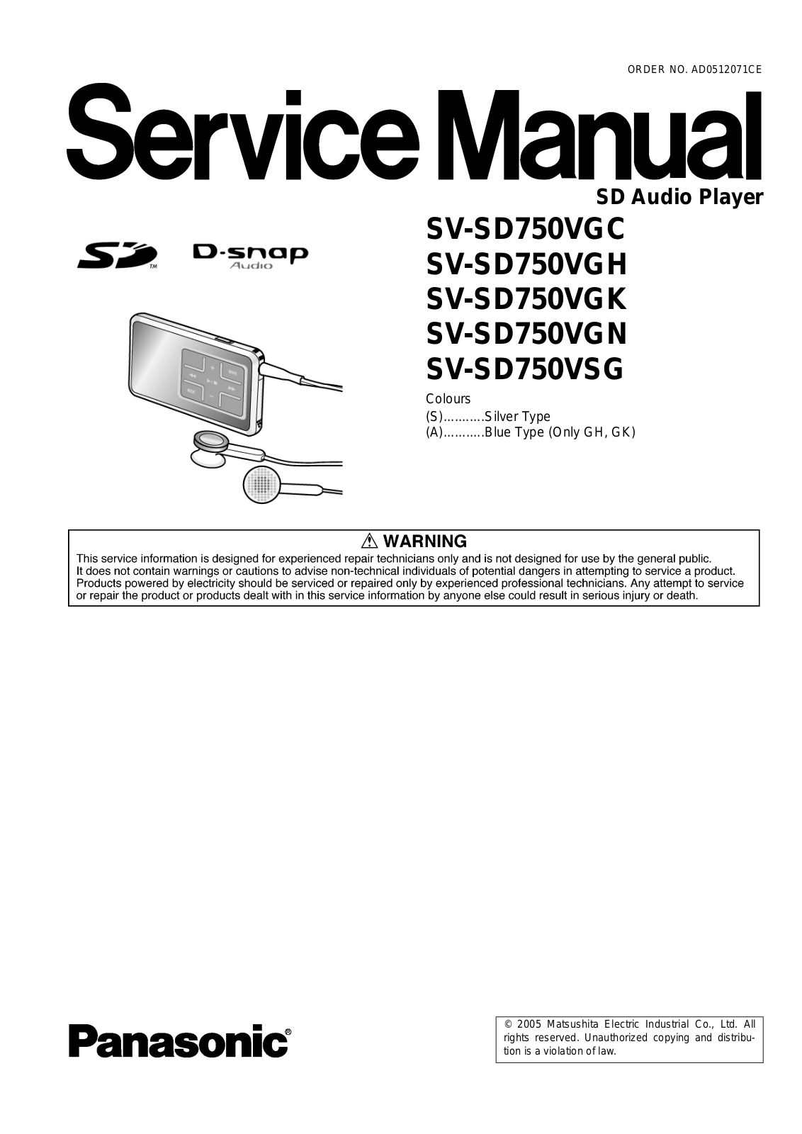 Panasonic SVSD-750-VGC, SVSD-750-VGH, SVSD-750-VGK, SVSD-750-VGN, SVSD-750-VSG Service manual