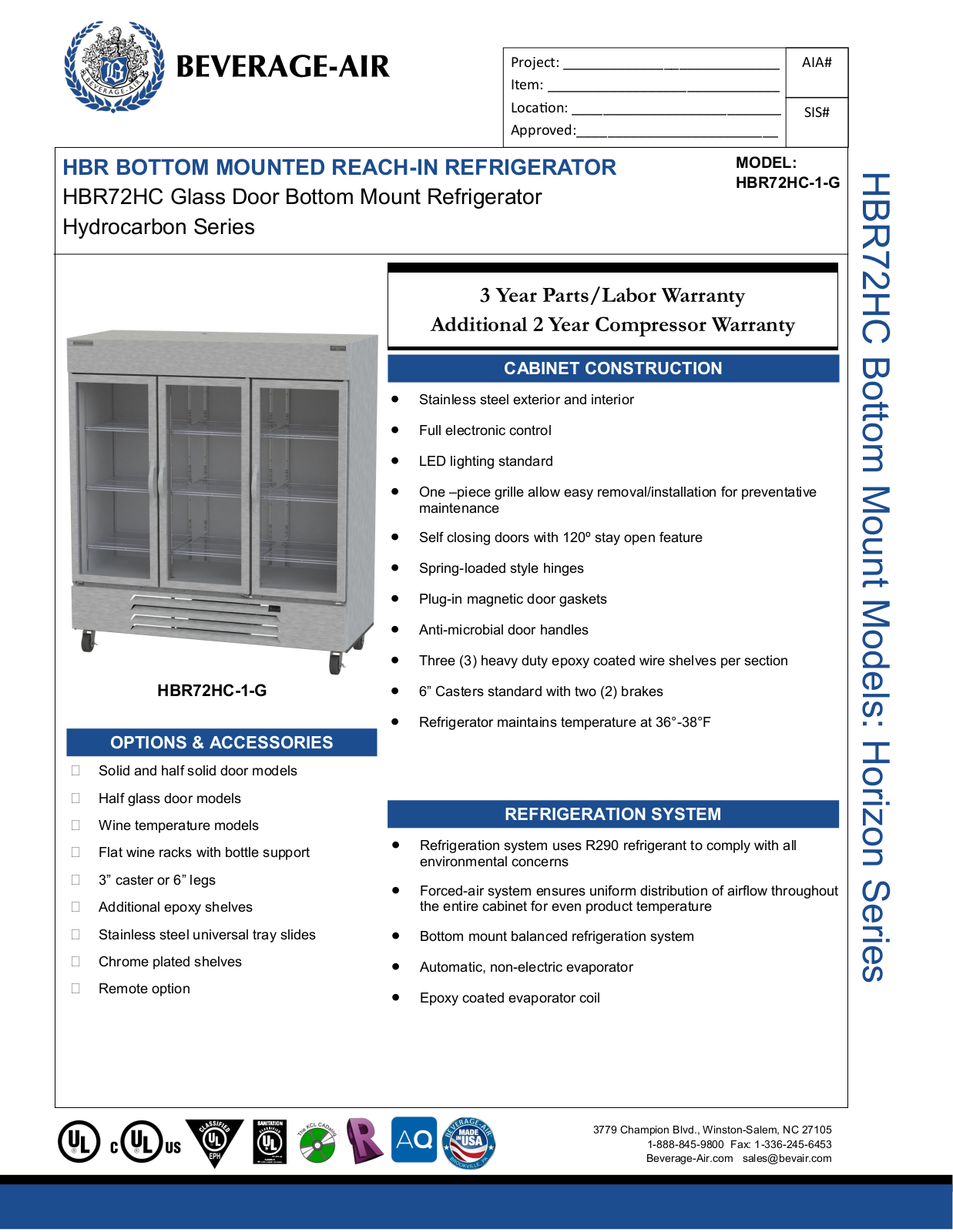 Beverage-Air HBR72HC1G Specifications