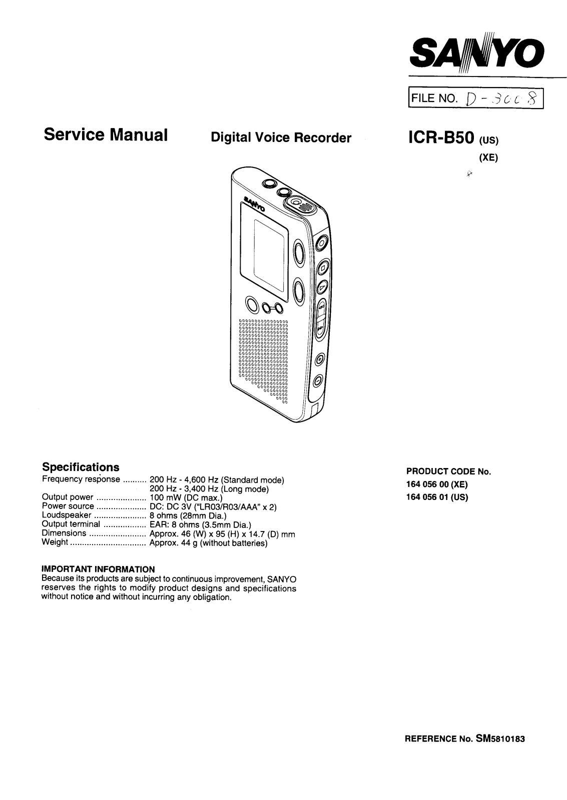 sanyo ICR B50 Service Manual