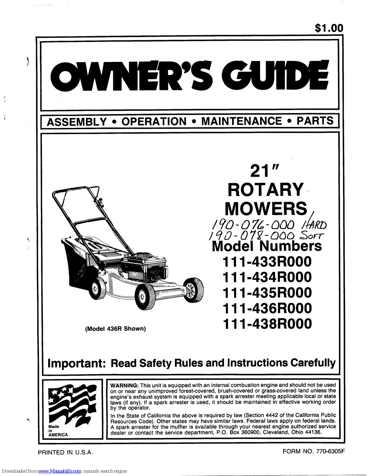 MTD 111-433R000, 111-434R000, 111-435R000, 111-436R000, 111-438R000 Owner's Manual