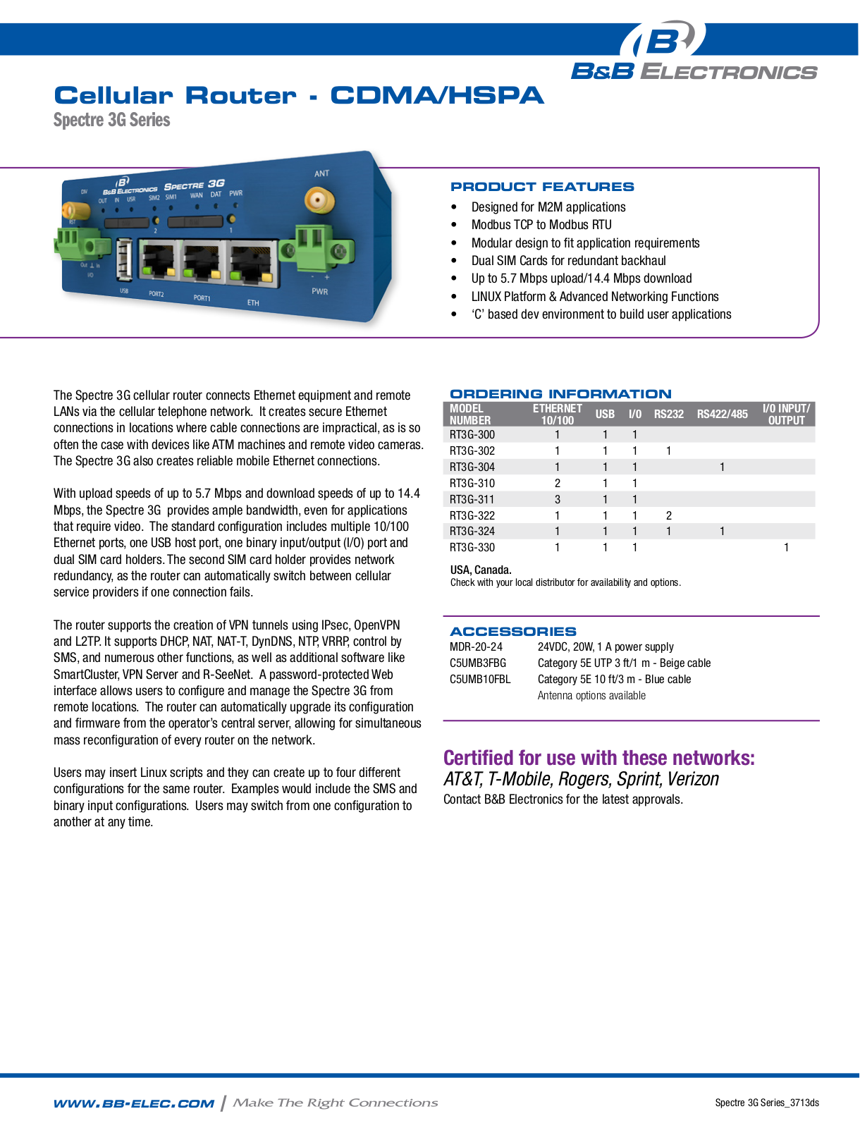 B&B Electronics RT3G-300, RT3G-302, RT3G-304, RT3G-310, RT3G-311 Datasheet