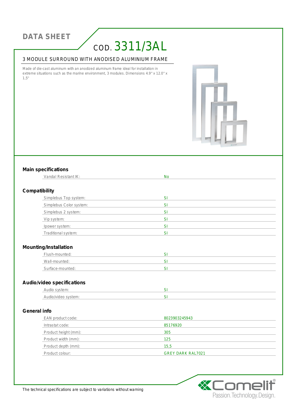Comelit 3311-3AL Specsheet - ManualMachine.com
