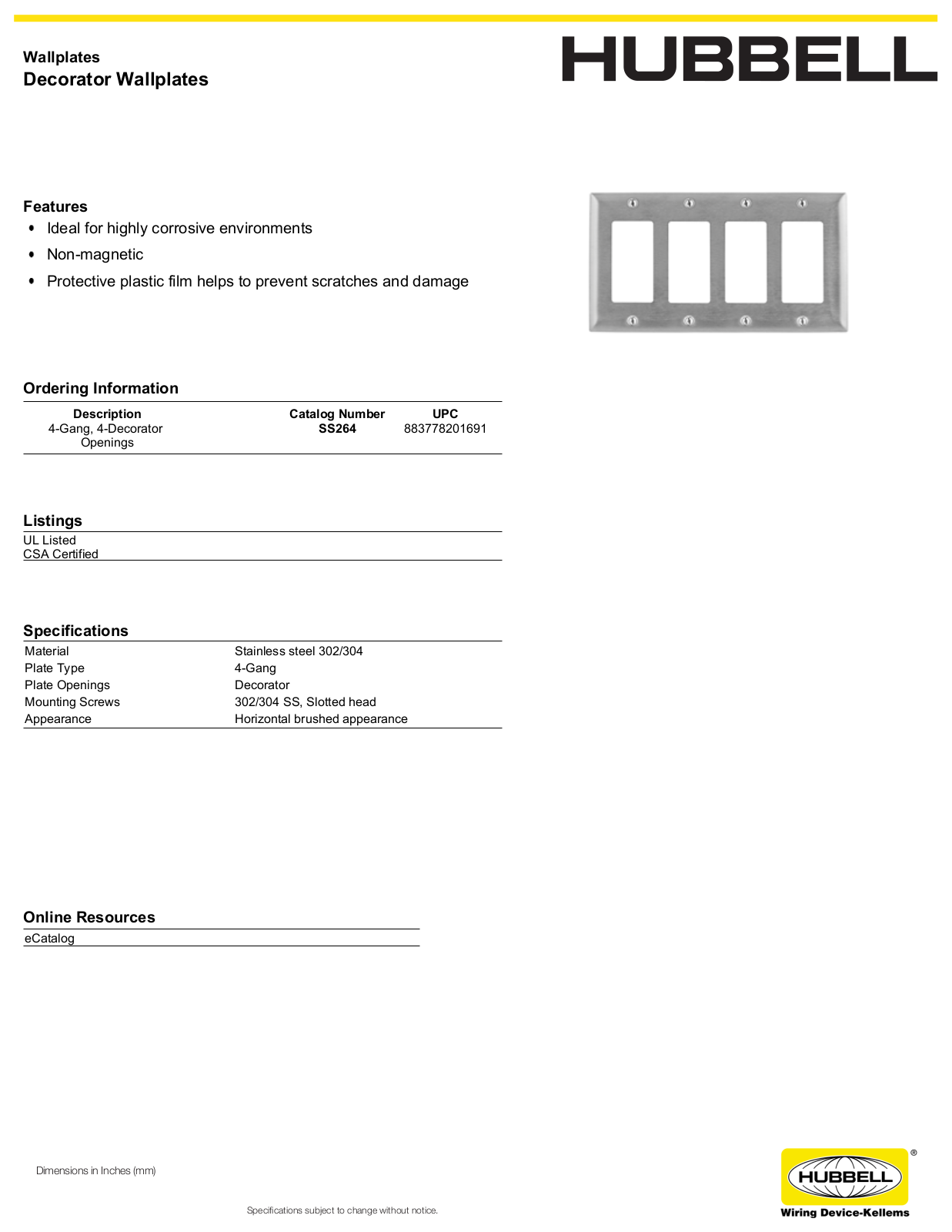 Hubbell SS264 Specifications