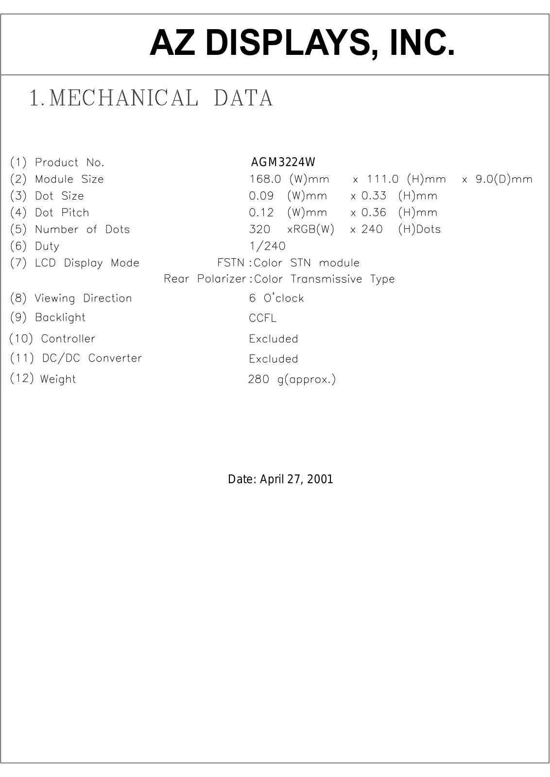 AZDIS AGM3224W-NC-FBS-T, AGM3224W-NC-FBD-T, AGM3224W-MC-FBS-T, AGM3224W-MC-FBD-T Datasheet