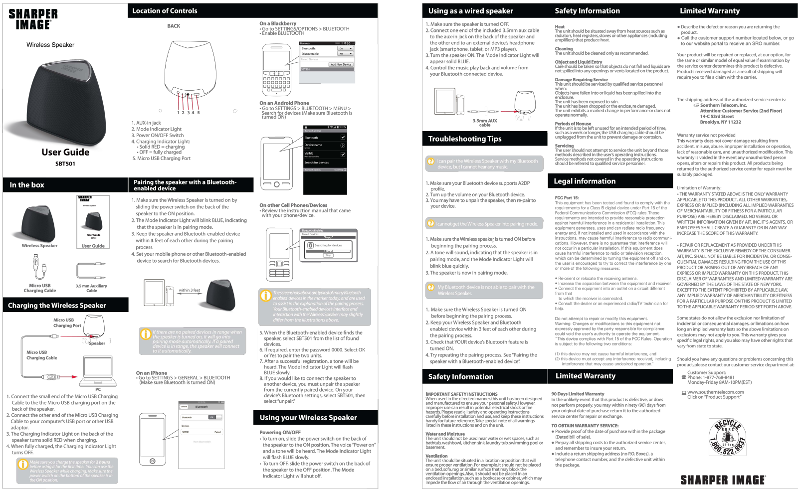 Sharper image SBT501 User Manual