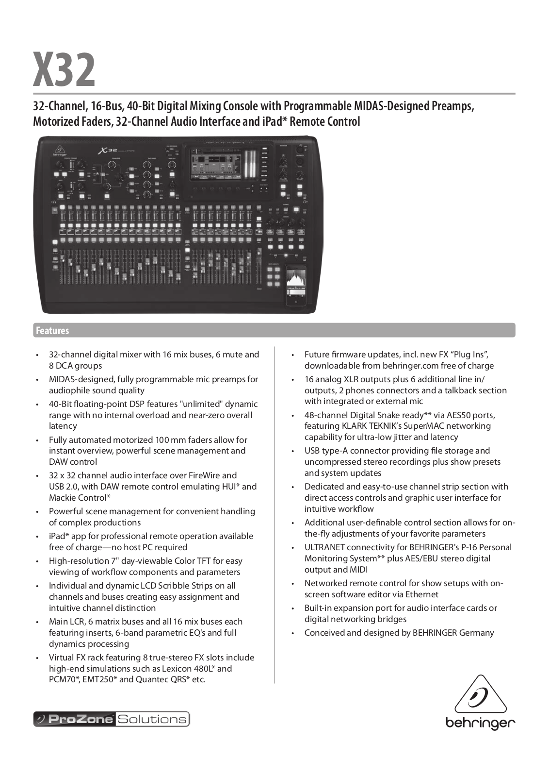 Behringer Digital Mixer X32, X32-TP Specification Sheet