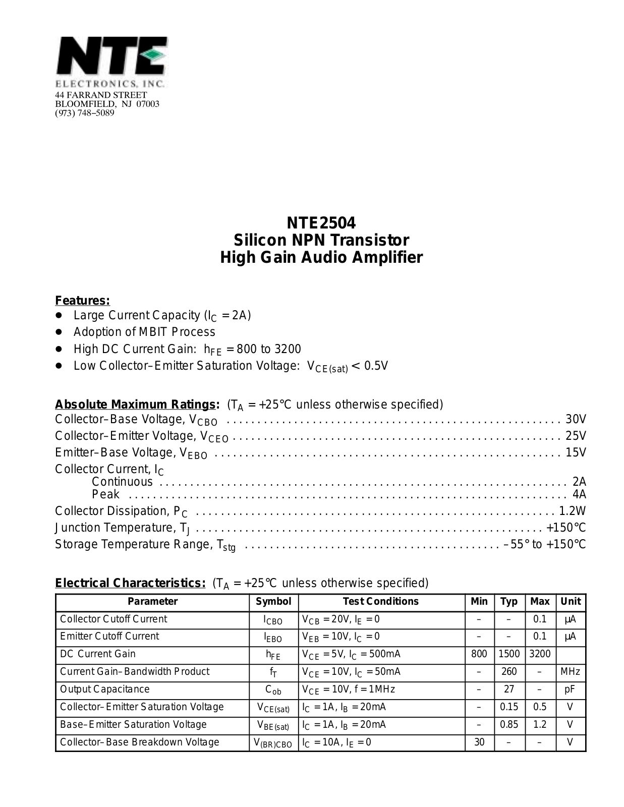 Datasheet NTE2504 Datasheet (NTE) - ManualMachine.com