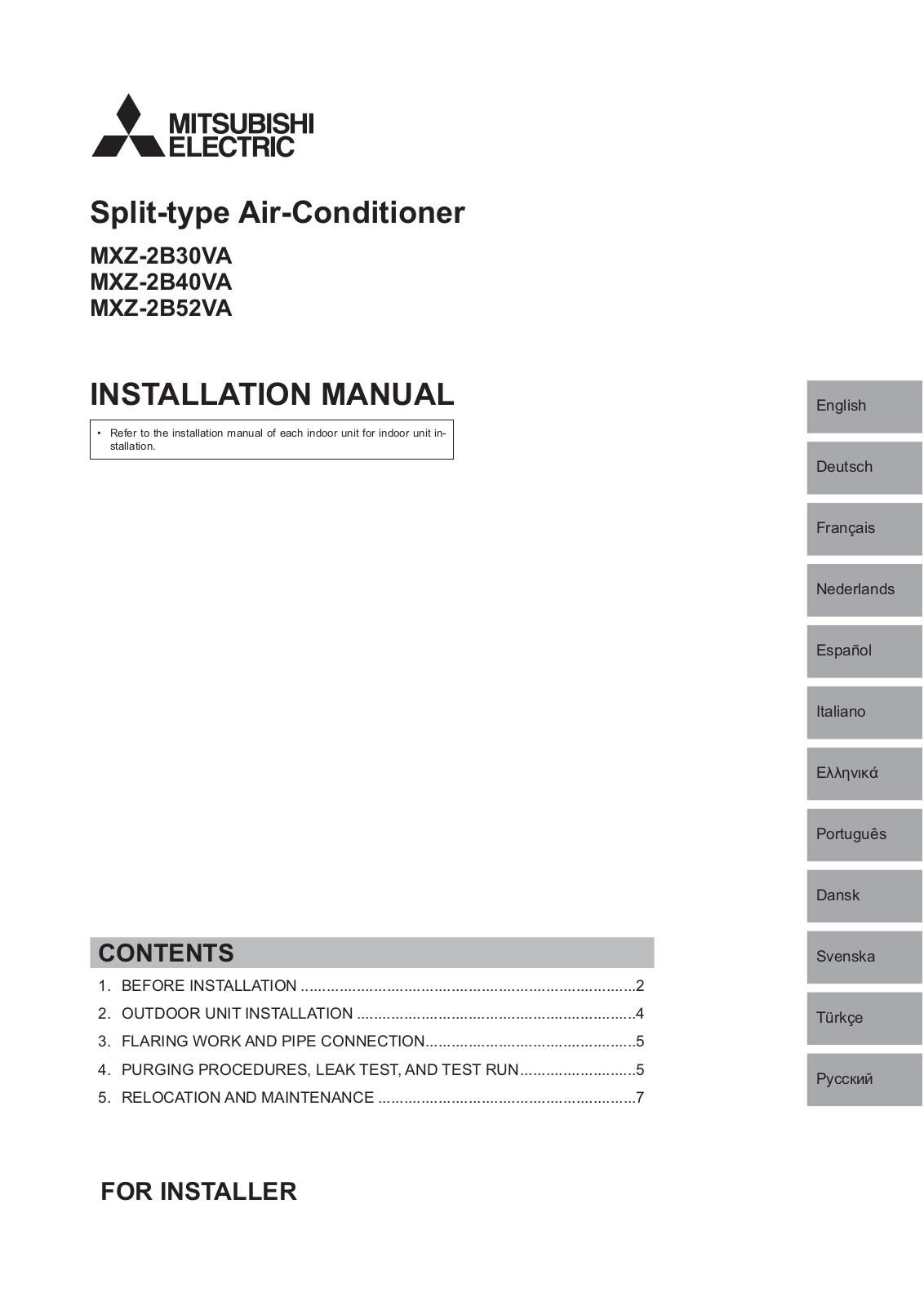 Mitsubishi MXZ-2B30VA, MXZ-2B40VA, MXZ-2B52VA Installation Manual