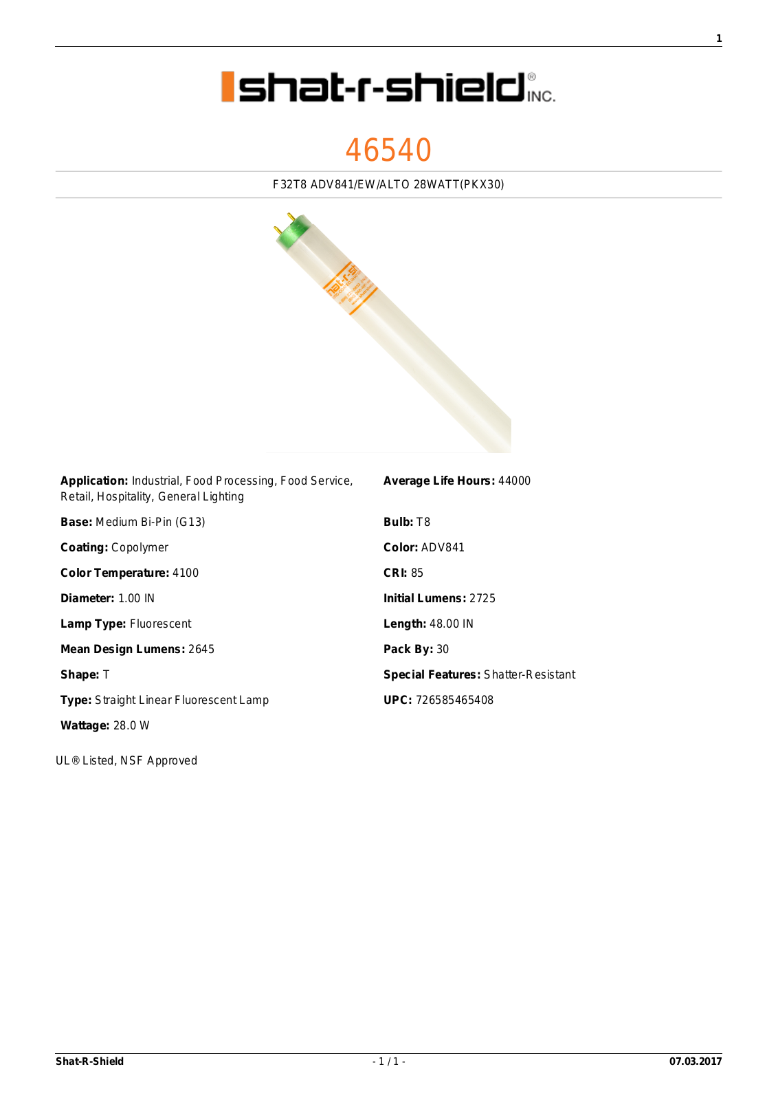 Shat-R-Shield 46540 Data sheet